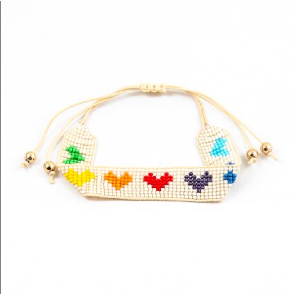 Handmade Adjustable Rainbow Beaded Heart Bracelet